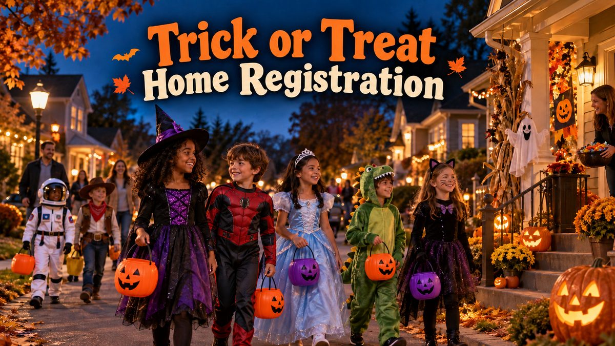 Trick-or-Treat Map 2026 in Walnut Creek: costumed children walking a decorated neighborhood street at dusk with candy buckets